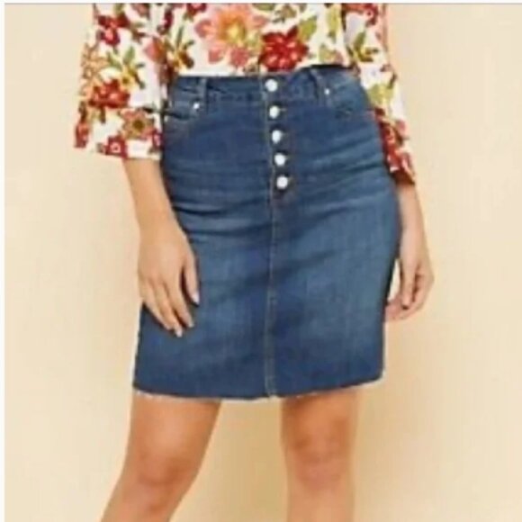 Highway Jeans | Dark Wash & Medium Wash Raw Hem Button Back Split Fly Jean Skirt - Picture 2 of 3